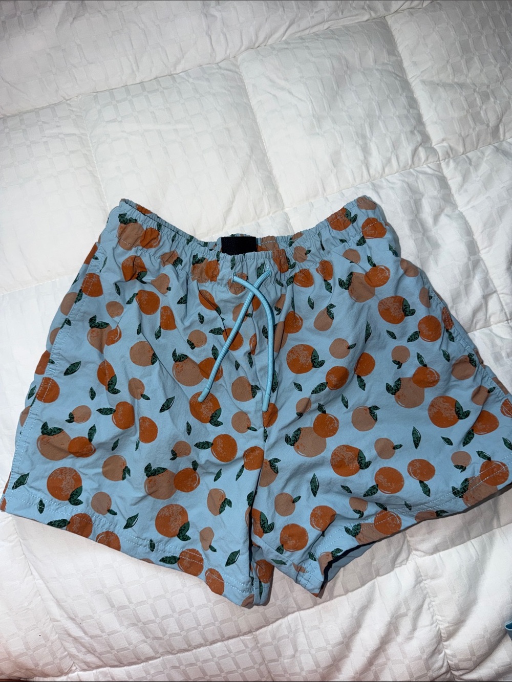 Kids Light Blue Swim Trunks with Orange Fruit Print